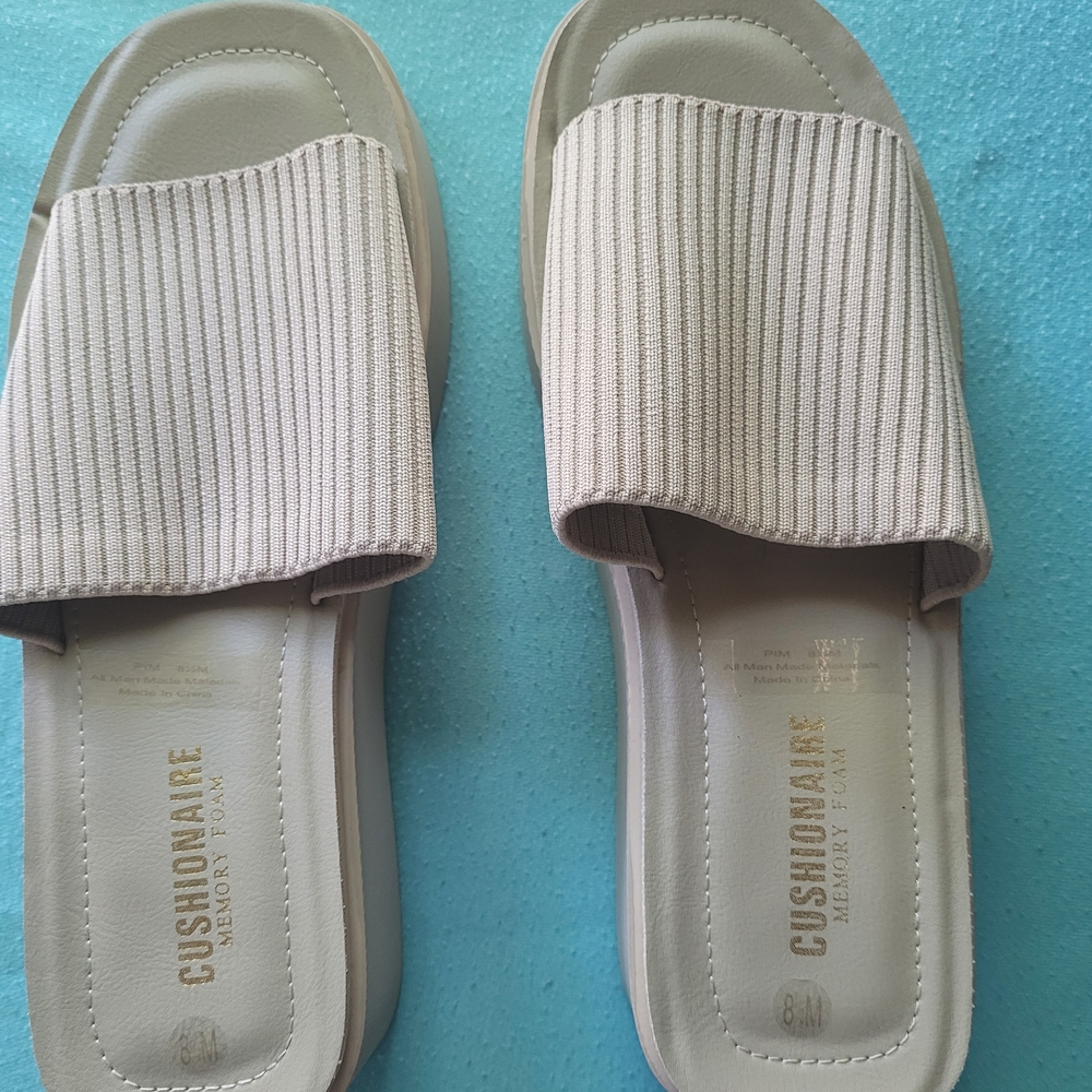 Tan Slide Sandals with Ribbed Strap - Picture 7 of 9